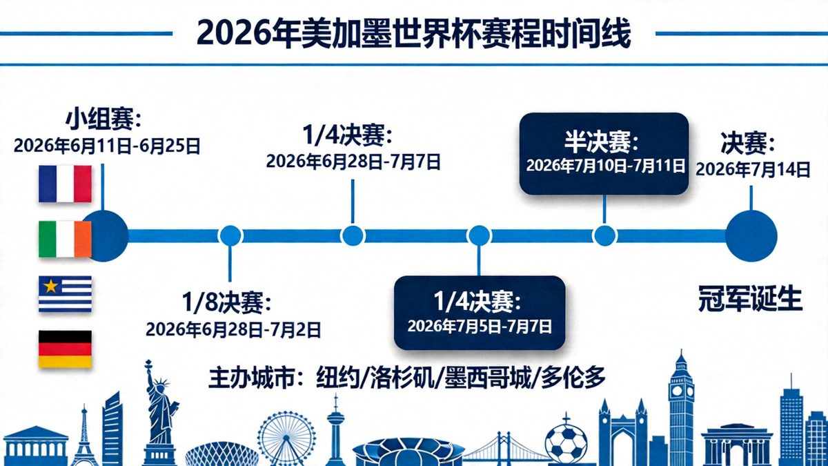 2026年美加墨世界杯完整赛程时间线概览图，展示从小组赛到决赛的关键日期