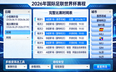 2026年国际足联世界杯赛程：按日期和城市查询的完整比赛时间表，支持多维度筛选的交互式赛程工具