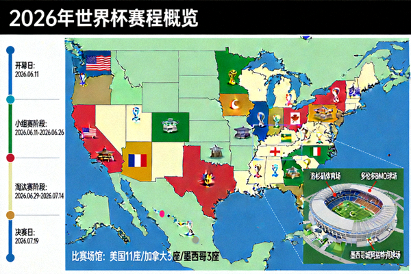 2026年世界杯赛程表概览图，包含美加墨三国地图、比赛场馆分布及关键日期标注