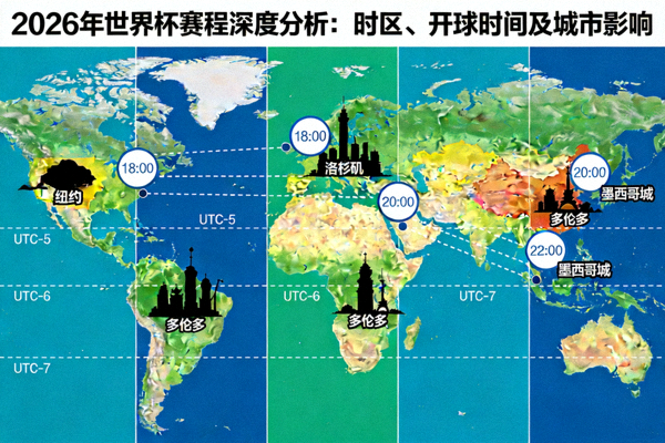2026年世界杯赛程深度分析：时区、开球时间及城市影响，展示世界时区图与城市剪影