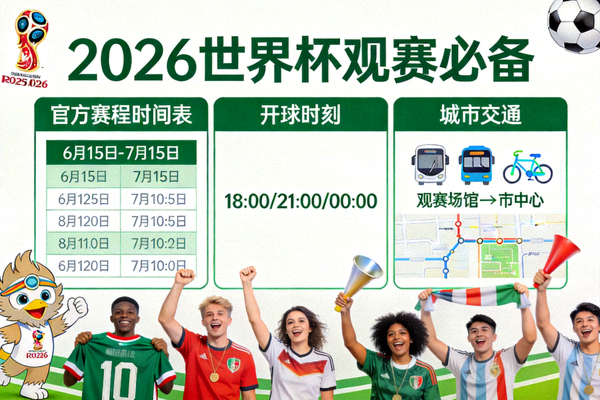 2026世界杯观赛必备：官方赛程时间表、开球时刻与城市交通，展示观赛人群与交通图标