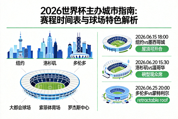 2026世界杯主办城市指南：赛程时间表与球场特色解析，展示多个城市的天际线与球场