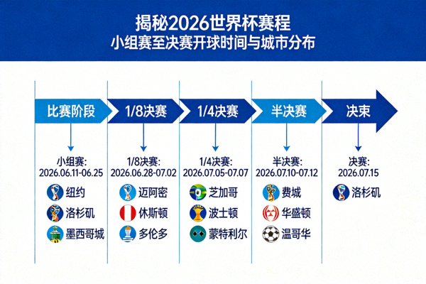 揭秘2026世界杯赛程：小组赛至决赛的开球时间与城市分布，展示从小组赛到决赛的路径图