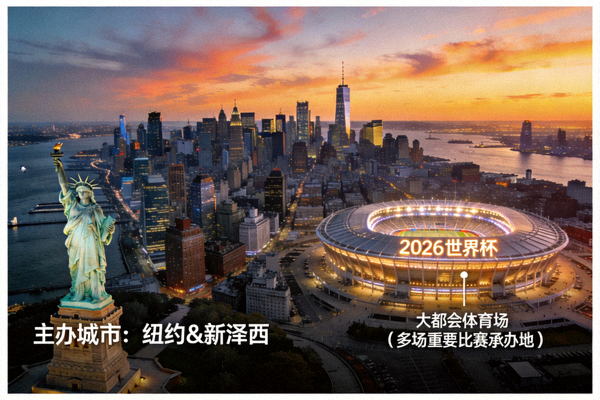 2026世界杯主办城市纽约与新泽西的天际线，包括自由女神像和摩天大楼，大都会体育场将承办多场重要比赛