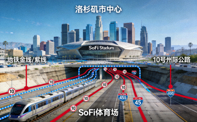 洛杉矶市中心天际线及SoFi体育场周边交通概览，包含地铁与主要高速公路