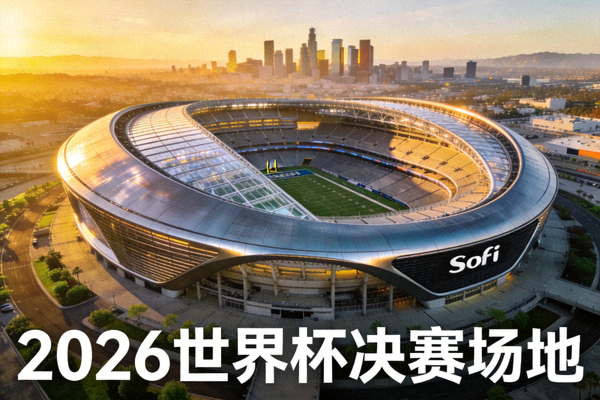 洛杉矶SoFi体育场外观，流线型现代建筑，巨大的环形顶棚与透明屋顶，2026世界杯决赛场地