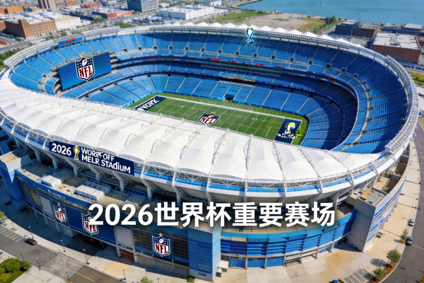 纽约大都会体育场，位于新泽西，巨大的椭圆形球场，蓝色座椅与白色顶棚，2026世界杯重要赛场