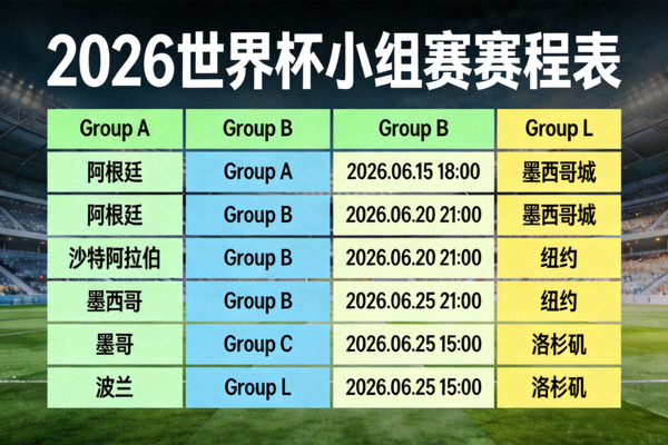 2026世界杯小组赛赛程表，显示48支球队分组及比赛日期与主办城市对应关系
