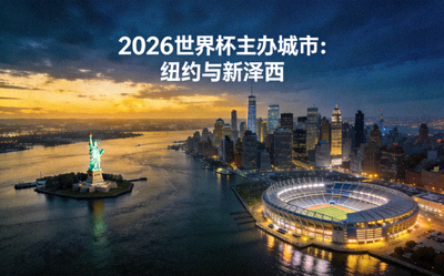 2026世界杯主办城市纽约与新泽西的天际线，包括自由女神像和体育场