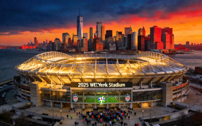 2026世界杯主办城市纽约/新泽西，大都会体育场外观及曼哈顿天际线