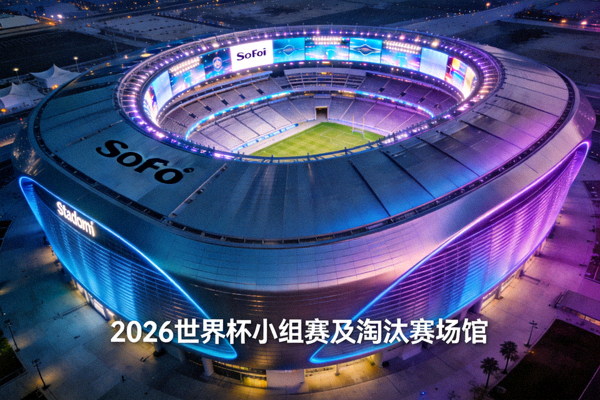 洛杉矶SoFi体育场，未来感设计，巨型环形屏幕，2026世界杯小组赛及淘汰赛场馆