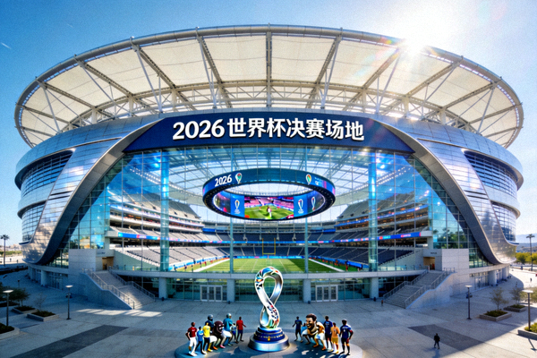洛杉矶SoFi体育场现代外观，2026世界杯决赛场地之一，拥有先进设施与巨大屏幕