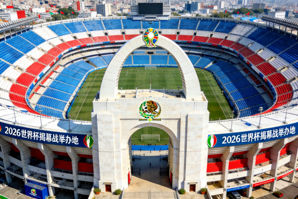 墨西哥城阿兹特克体育场外观，2026世界杯揭幕战举办地，拥有巨大看台和标志性拱门