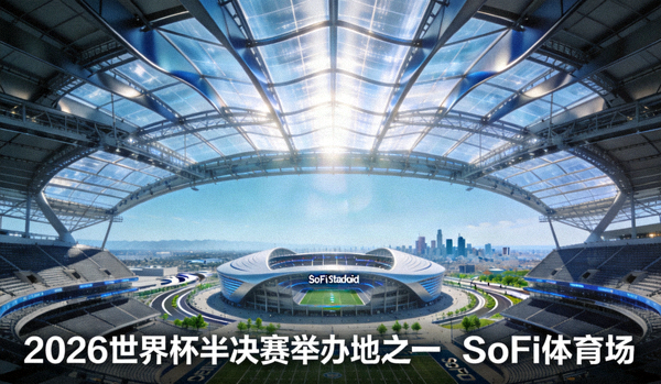 SoFi体育场——2026世界杯半决赛举办地之一，位于美国加利福尼亚州英格尔伍德，拥有未来感设计的顶棚
