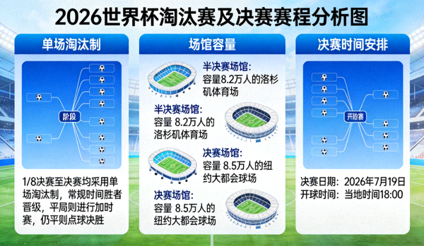 2026世界杯淘汰赛及决赛赛程分析图，展示单场淘汰制、场馆容量与决赛时间安排