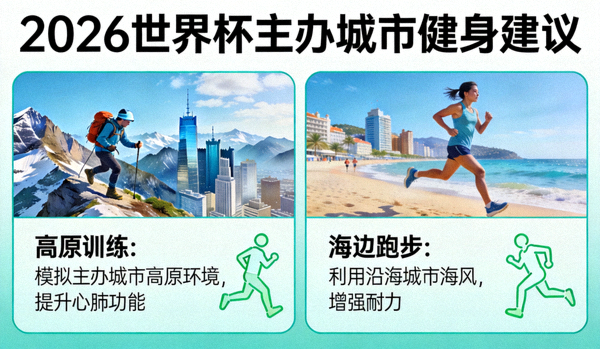 基于2026世界杯主办城市特点的健身建议，包括高原训练、海边跑步等