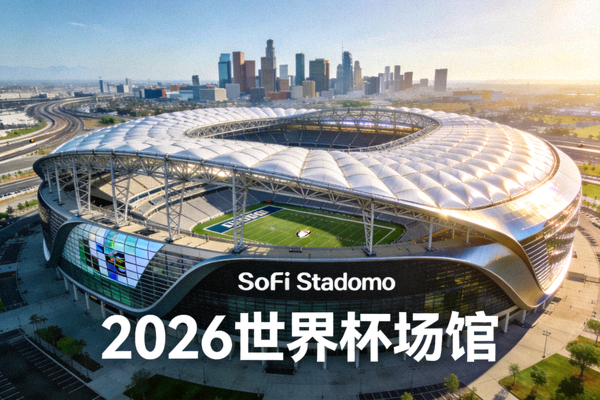 SoFi体育场全景，位于加利福尼亚州英格尔伍德，拥有独特屋顶设计，2026世界杯场馆之一