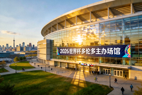2026世界杯多伦多BMO体育场外景，现代化玻璃幕墙，是加拿大多伦多主办城市的主要场馆