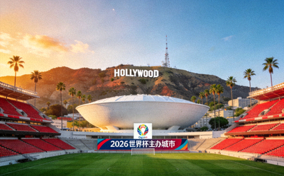 2026世界杯主办城市洛杉矶玫瑰碗体育场及好莱坞标志，美国西海岸经典球场