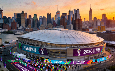 2026世界杯主办城市纽约天际线及大都会体育场外景，美国东海岸标志性场馆