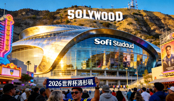 2026世界杯主办城市洛杉矶：SoFi体育场现代外观，好莱坞标志背景，体现娱乐之都魅力