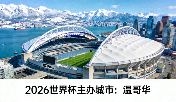 2026世界杯主办城市温哥华：BC Place体育场外观，位于海滨，屋顶可开合，周围环绕雪山与城市景观