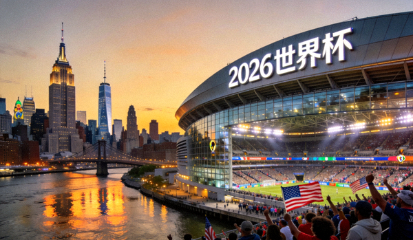 2026世界杯主办城市纽约/新泽西：曼哈顿天际线与大都会体育场，现代都市与足球激情融合