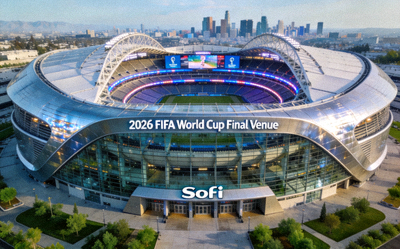 洛杉矶SoFi体育场现代外观，2026世界杯决赛阶段场馆，拥有先进设施